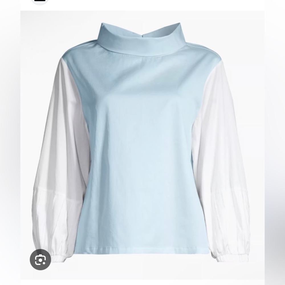 Light Blue and White Mock Neck Balloon Sleeve Top